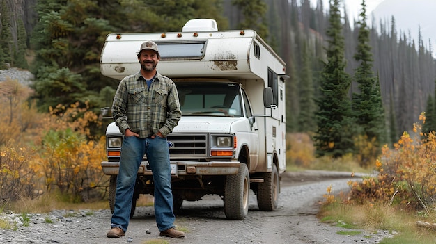 Un hombre en vaqueros azules está de pie frente a una camioneta junto a una montaña