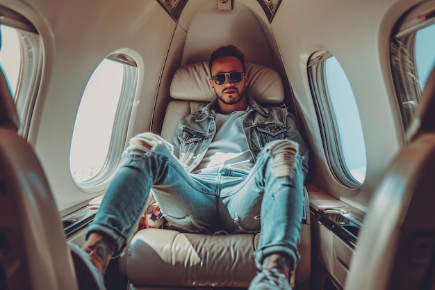 Un hombre con vaqueros rasgados y gafas de sol sentado en un avión