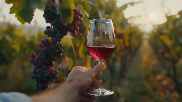 Hombre con un vaso de vid roja en el fondo del viñedo