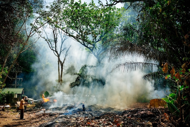 Hombre en vendaje de gasa manguera contra incendios tratar de apagar el fuego se llena de agua Bombero en la selva