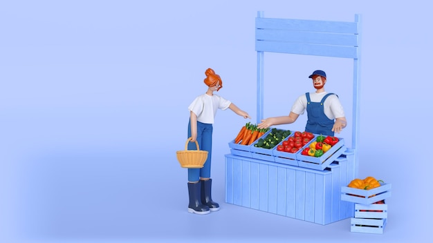 Hombre vendedor vende verduras orgánicas a la mujer en el mercado de agricultores 3d render