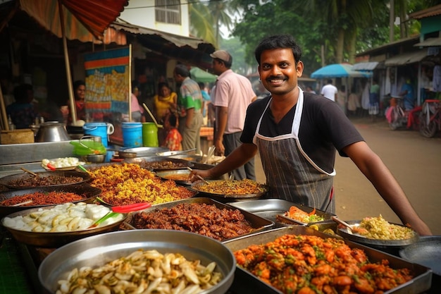 un hombre vendiendo comida en un mercado callejero.