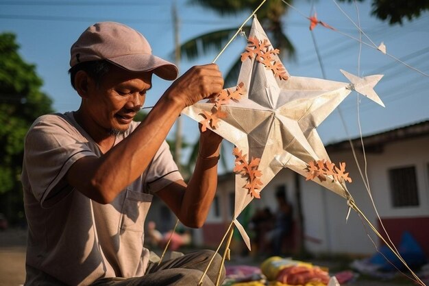 Foto un hombre está vendiendo grúas de papel en un mercado