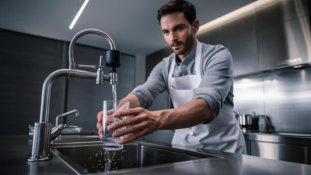 Foto hombre vertiendo un vaso de agua del grifo con filtro de ósmosis en la cocina
