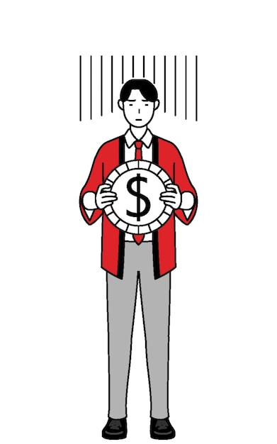 Hombre vestido con un abrigo rojo happi una imagen de pérdida de cambio o depreciación del dólar