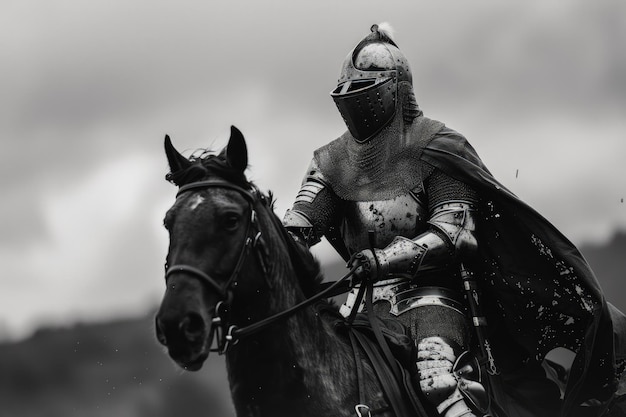 Un hombre vestido con armadura montando un caballo