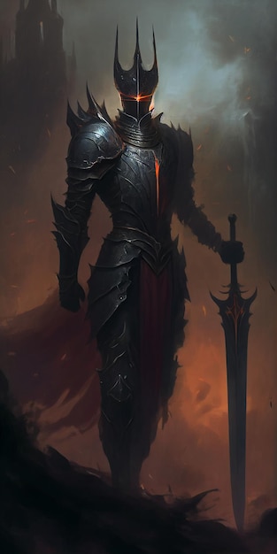 Hombre vestido con armadura sosteniendo una espada generativa ai