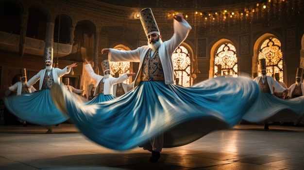 un hombre con un vestido azul baila con una gran espada.