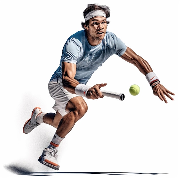 Un hombre vestido con una camisa azul y pantalones cortos blancos sostiene una raqueta de tenis.