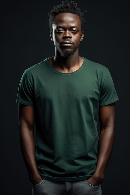 Un hombre vestido con una camisa verde y un sombrero verde se para en una habitación oscura.