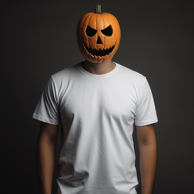 Foto hombre vestido con una camiseta blanca y una gran máscara de calabaza de halloween