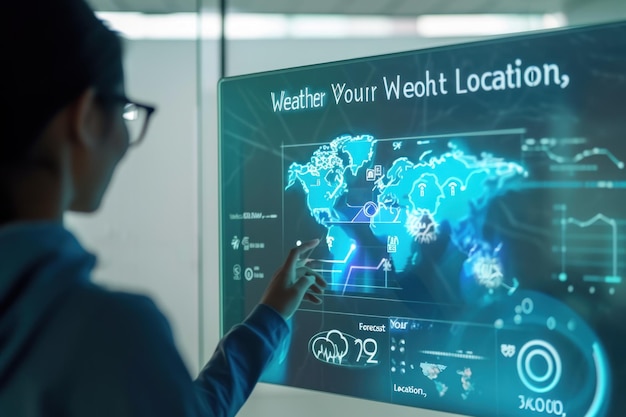 Foto hombre con vestido casual señalando con la mano para comprobar el pronóstico del tiempo en la pantalla comprobando el tiempo durante el día, como la temperatura