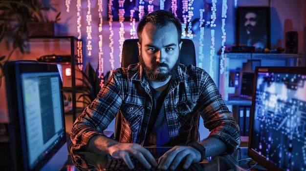 Foto un hombre vestido casualmente sentado en un escritorio frente a una computadora centrado en la piratería y la programación