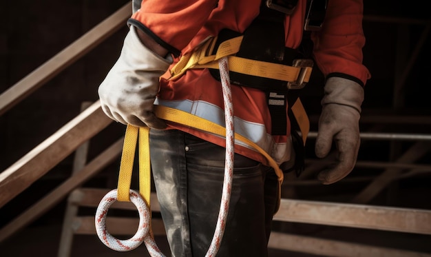 Foto un hombre vestido con un chaleco de seguridad con una cuerda atada a la cintura.