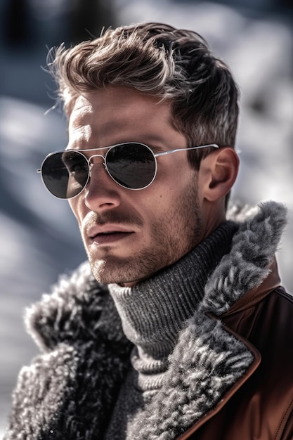 Un hombre vestido con una chaqueta de cuero y gafas de sol se para en la nieve.