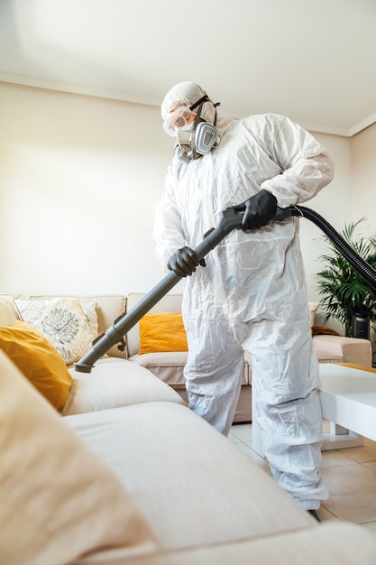 Hombre vestido con EPP desinfectando el salón de una casa con una máquina desinfectante COVID-19. Concepto de salud pandémica