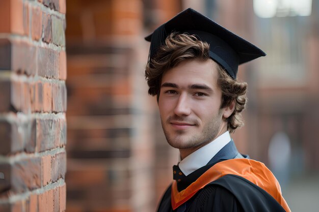 Un hombre en un vestido de graduación apoyado en una pared de ladrillo sonriendo a la cámara con una sonrisa en su