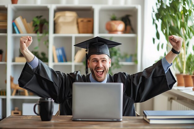 Hombre con vestido de graduación y gorra se sienta en un escritorio con su computadora portátil celebrando el concepto de aprendizaje en línea