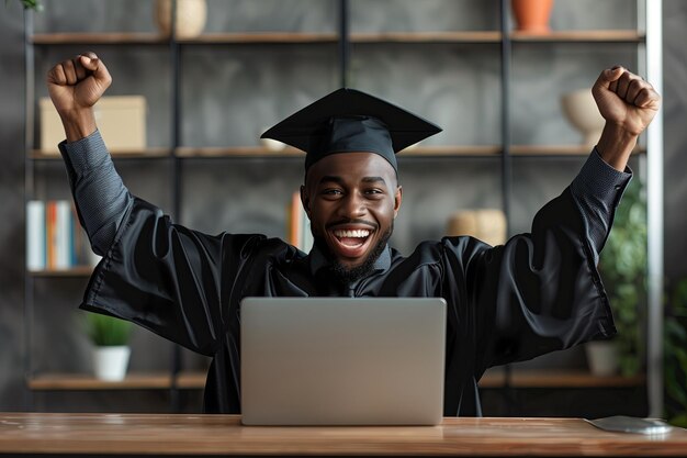 Hombre con vestido de graduación y gorra se sienta en un escritorio con su computadora portátil celebrando el concepto de aprendizaje en línea