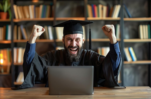 Hombre con vestido de graduación y gorra se sienta en un escritorio con su computadora portátil celebrando el concepto de aprendizaje en línea