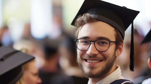 Un hombre con vestido de graduación y gorra sonriendo