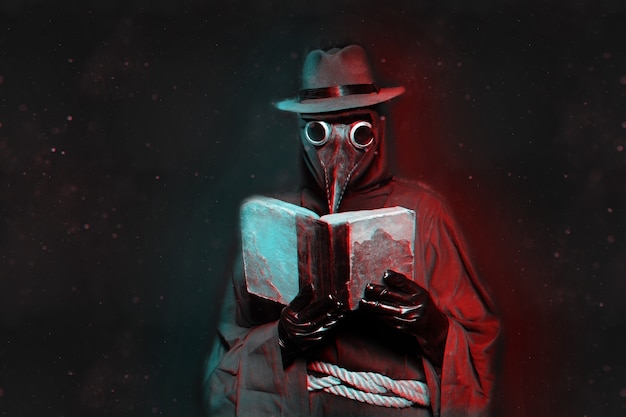 Un hombre vestido de médico de la peste está leyendo un libro antiguo. fiesta de halloween