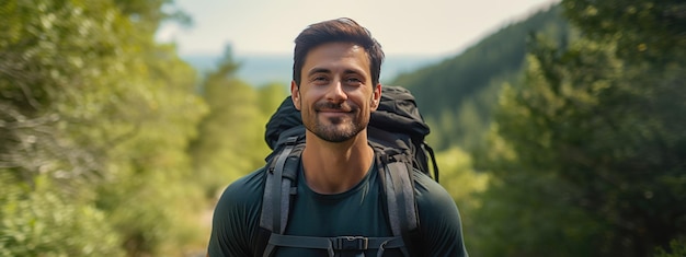 Hombre vestido con mochila de pie en el sendero del bosque de otoño caminando solo