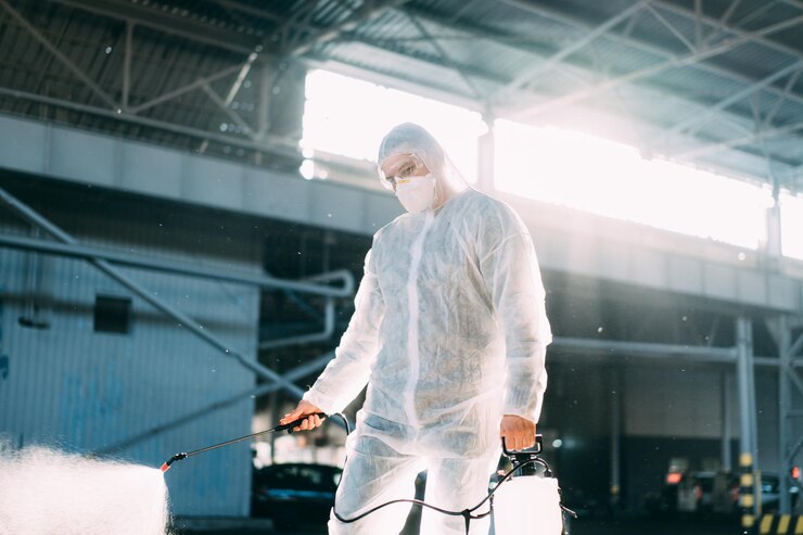 Hombre vestido con un mono protector blanco rociando un rociador de desinfectante antibacteriano durante la cuarentena