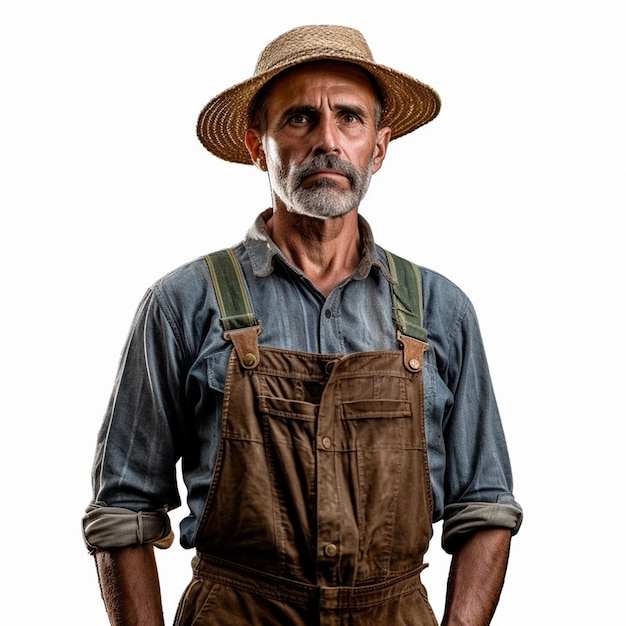 Un hombre vestido con un mono y un sombrero se para frente a un fondo blanco.