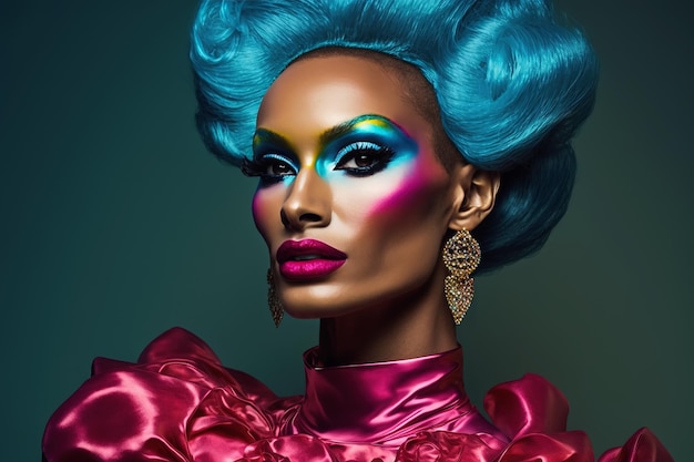 Hombre vestido de mujer y con maquillaje estilo drag queen Travesti LGBT IA generativa