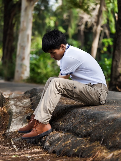 Hombre vestido con pantalones cargo marrón y sentado en el parque natural