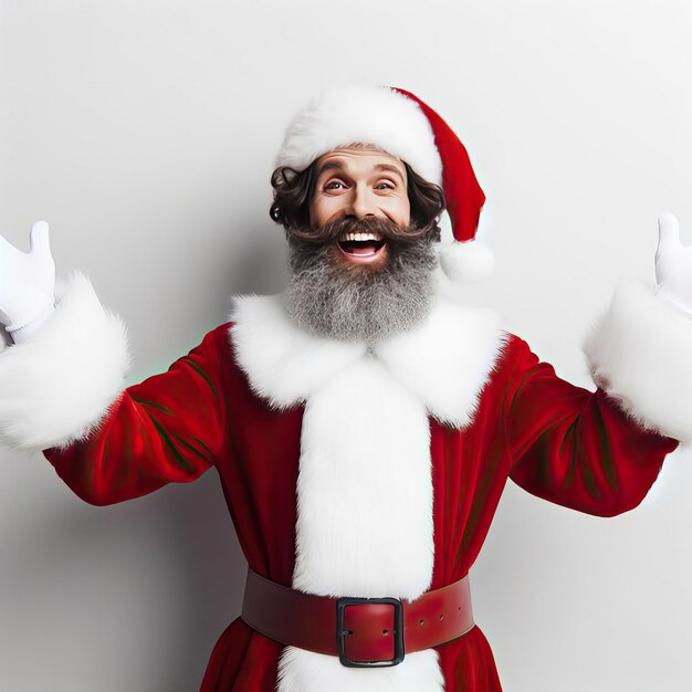 Foto hombre vestido de papá noel en una pose lúdica sobre un fondo sólido ai generative