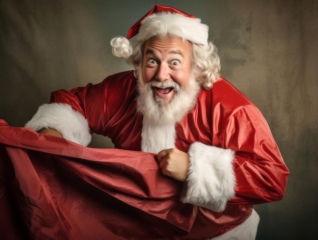 Hombre vestido de Papá Noel en una pose lúdica sobre un fondo sólido