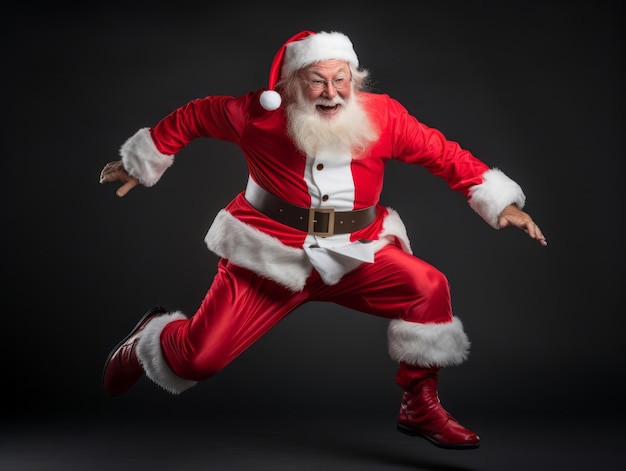 Hombre vestido de Papá Noel en una pose lúdica sobre un fondo sólido