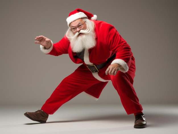 Hombre vestido de Papá Noel en una pose lúdica sobre un fondo sólido