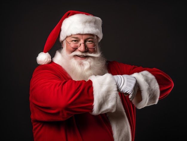 Hombre vestido de Papá Noel en una pose lúdica sobre un fondo sólido