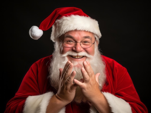 Hombre vestido de Papá Noel en una pose lúdica sobre un fondo sólido