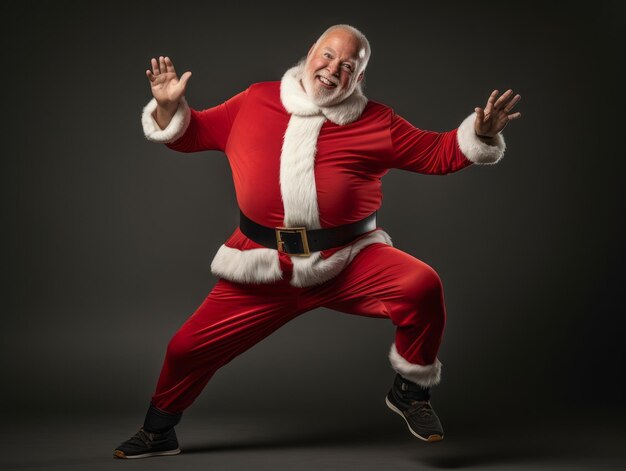 Hombre vestido de Papá Noel en una pose lúdica sobre un fondo sólido