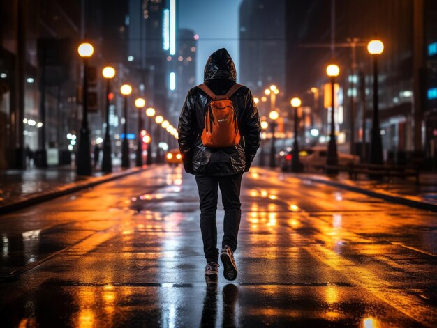 Un hombre vestido con ropa preparada para el futuro disfruta de un tranquilo paseo por las calles de una ciudad iluminadas con luces de neón