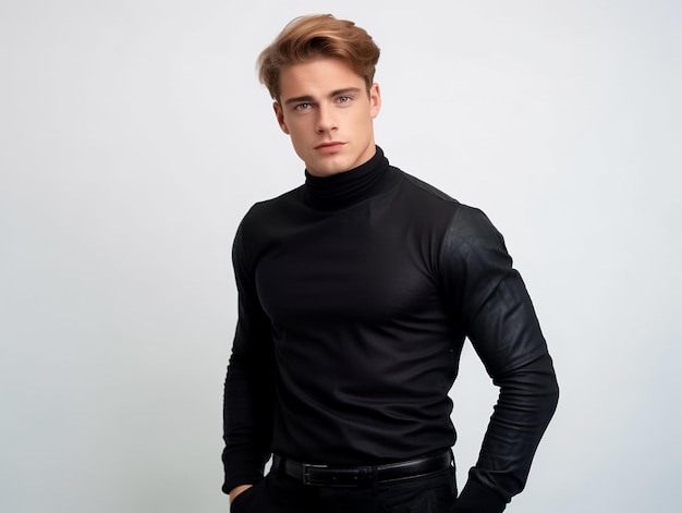 hombre vestido con sudadera con capucha informal negra detrás de la vista frontal de una maqueta para el diseño de camiseta generada por Ai