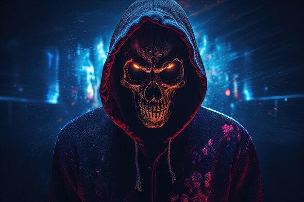 Hombre vestido con sudadera con capucha oscura con luces rojas y azules iluminadas y con un cráneo humano por cara