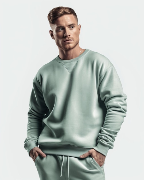 Hombre vestido con un suéter verde y un pantalón de chándal gris