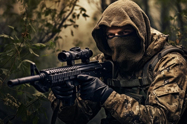 Hombre vestido con tela de camuflaje y apuntando con un rifle de caza Disparo a persona donante período Generar Ai