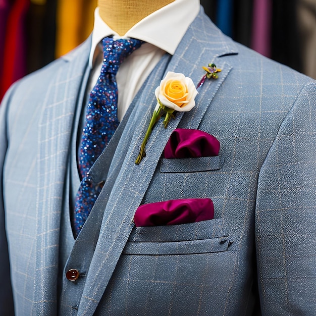 Foto un hombre vestido con un traje azul con una flor.