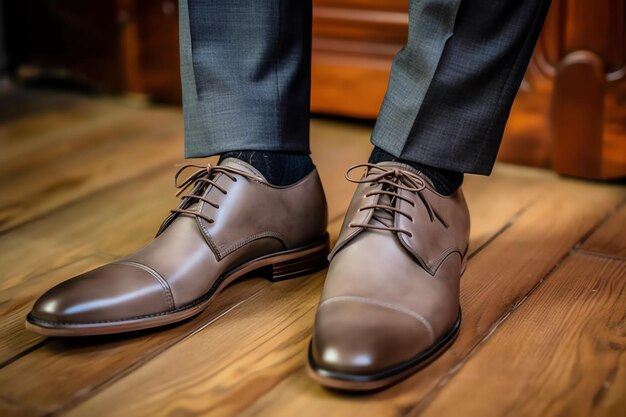 Un hombre vestido con traje y corbata se para en un piso de madera.