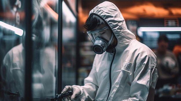 Un hombre vestido con un traje protector blanco y una capucha está trabajando en un refrigerador.