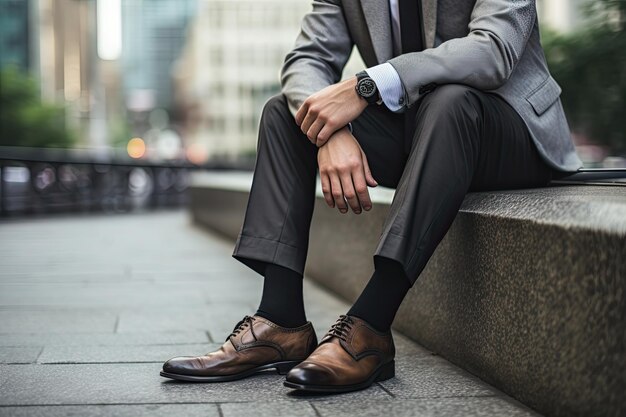 Un hombre vestido con traje se sienta en un banco frente a un edificio.