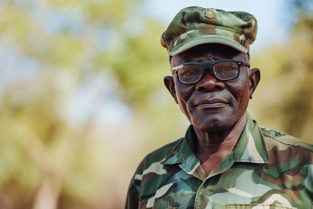 Foto un hombre vestido con uniforme militar y gafas