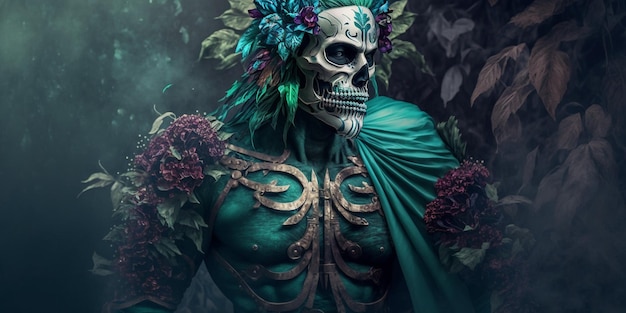 Un hombre vestido de verde con una corona de flores en el pecho.