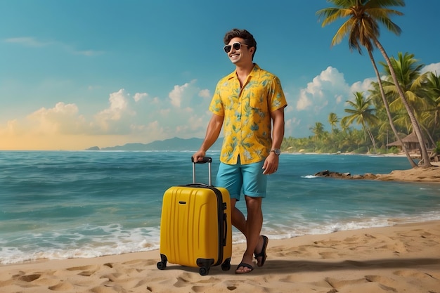 Foto un hombre con vestidos de estilo de playa con una maleta en la playa